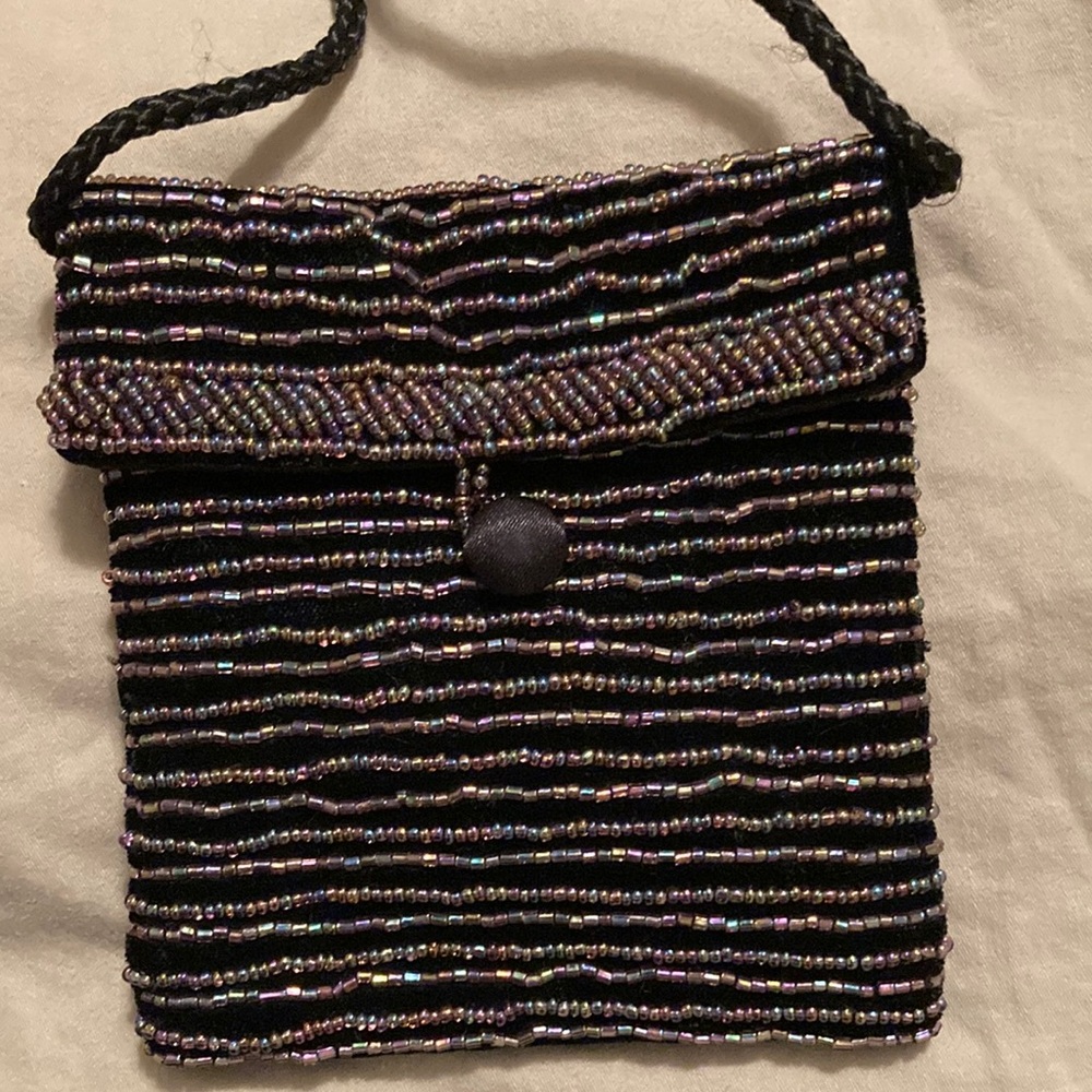Little beaded bag- iridescent rainbow on black velvet